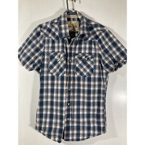 Hollister Men's Blue Plaid Shirt Western Pearl Snap • Short Sleeve (M) • EUC •